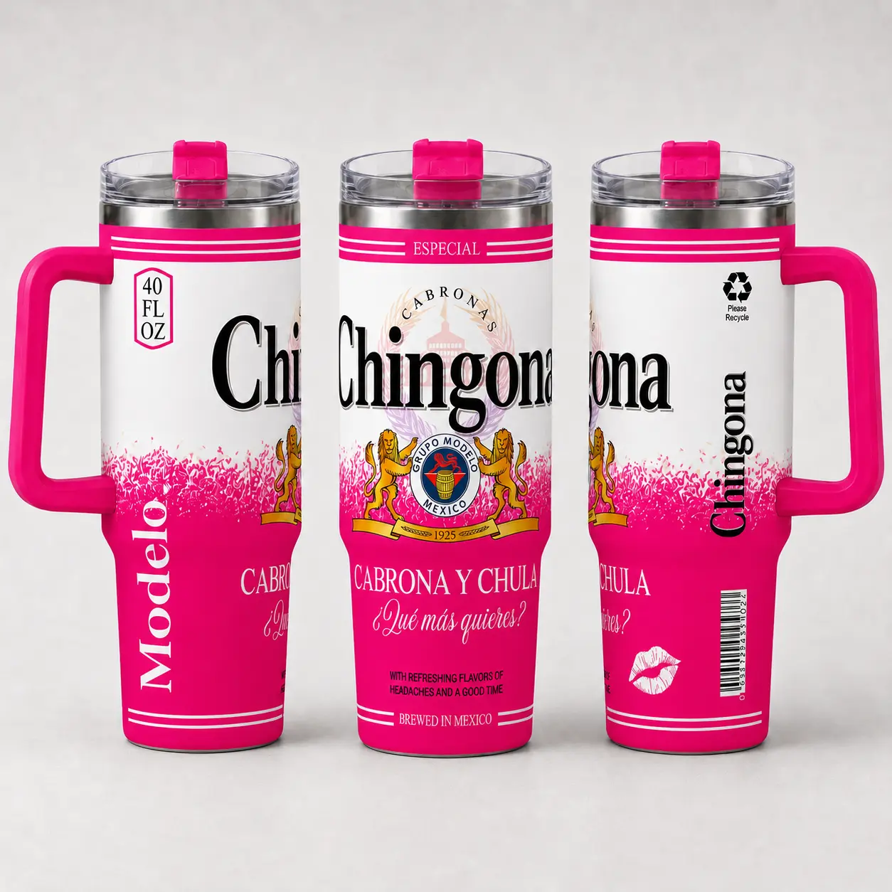 Chingona Model0 Pink Stainless Steel Insulated Mug Tumbler Vacuum Flask - 40oz/30oz/20oz, Portable Reusable with Handle, Lid & Straw, Mexican Latina Style Women's Travel Tumbler Vacuum Flask for Iced Coffee & Water, Gift, Insulated Mug Tumbler Vacuum Flas