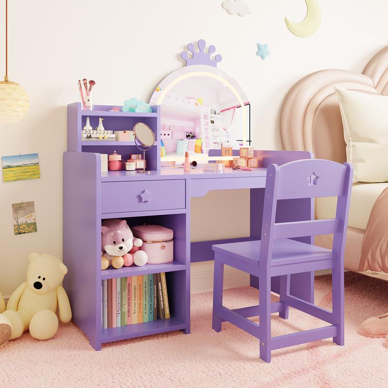 2-in-1 Toddler Wooden Makeup Dressing Table Set - Princess Theme Vanity Desk Design with Lights, Lighted Mirror, Storage Cabinet, 4 Shelves, Chair, Crown Shape, Quick Setup Bedroom Indoor Furniture for Little Girls, Effortless Cleaning