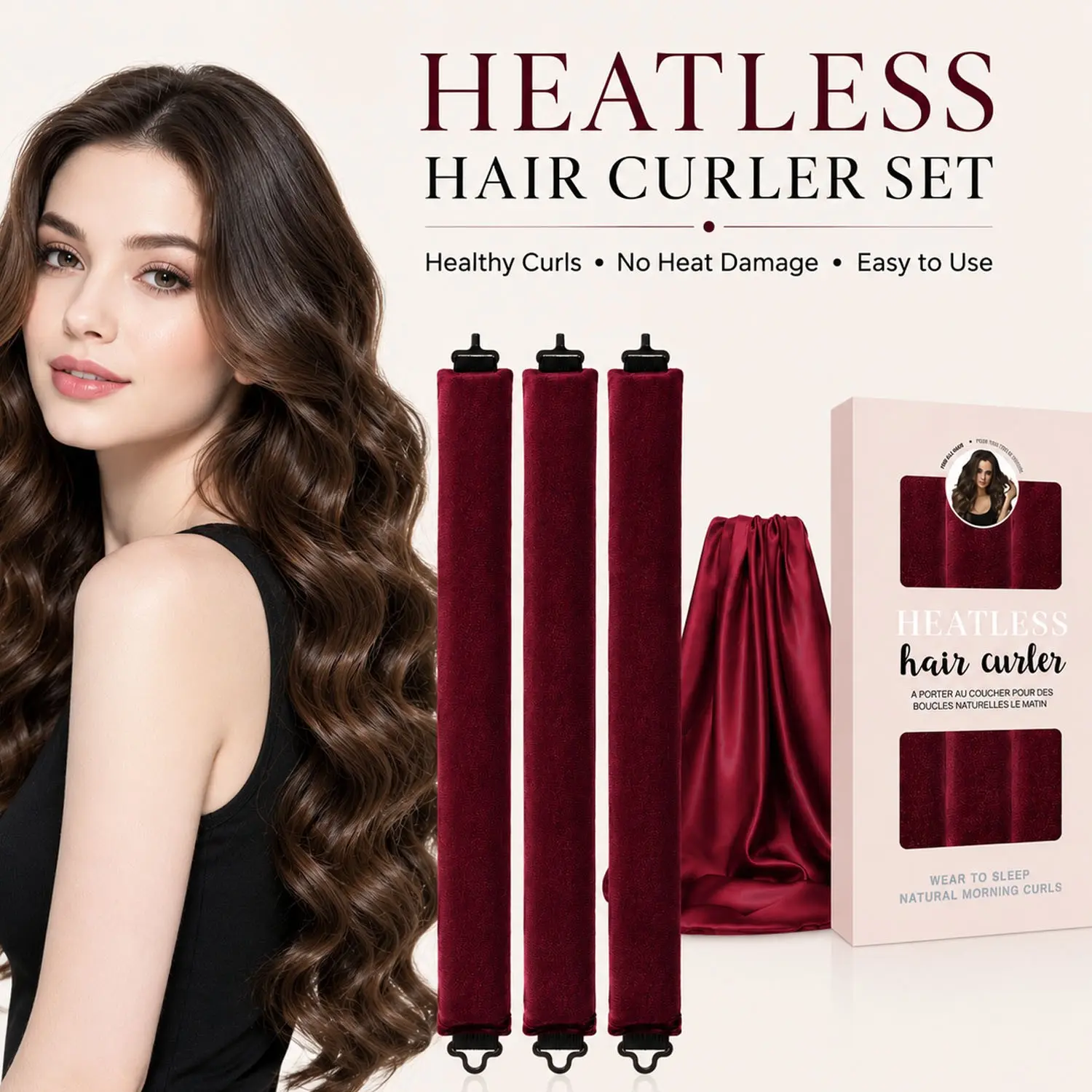 4PCS Heatless Hair Curler Set, No Heat Velvet Curling Rods with Satin Silk Scarf for Overnight Natural Waves & Bouncy Curls, Heat Free Curls, Soft Sleep-In Hair Styling Kit for Long, Medium & Thick Hair, Heatless Curlers, Heatless Styling Tools
