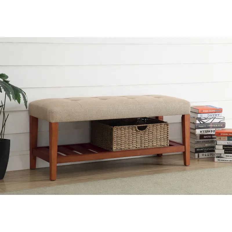 Charla Beige Fabric and Oak Finish Bench