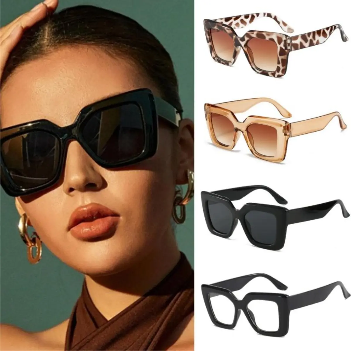 Women's 4-Piece Oversized Square Sunglasses - Semi-Rimless Chic Black Anti-UV Minimalist Eyewear, Leopard Print Styles, for Streetwear, Outdoor Use, Sunglasses for Women, Womens Sunglasses