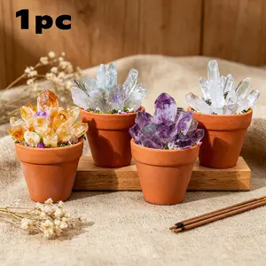 Natural Crystal Cluster with Mini Clay Pot Base, Amethyst Quartz Healing Gemstone, Potted Plant Style Craft, Feng Shui Home Decor