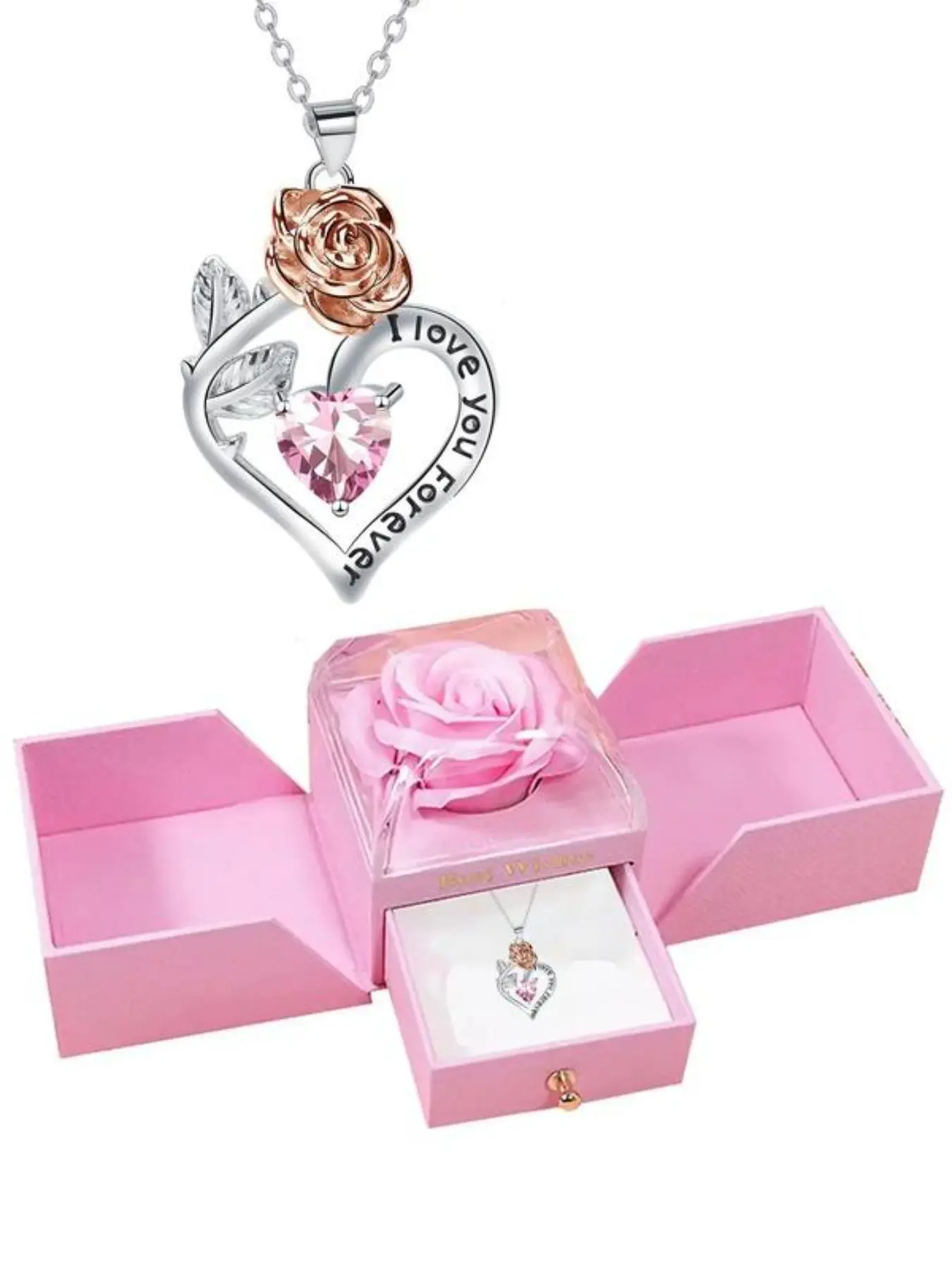Pink rose flower jewelry gift box, with a pink birthstone rose necklace, suitable for women, heart-shaped rose birthday necklace, Anniversary necklace, perfect gift for women on anniversaries, birthdays, Exquisite jewelry gift