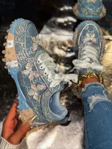 Women's Blue Rhinestone Dad Shoes, Trendy Chunky Sole Platform Sneakers, Glitter Design Sneakers, Casual All-Season Textile Upper, Versatile Comfortable Footwear, Trendy Walking Sneakers