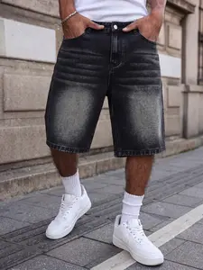 Men's black and gray loose washed denim shorts, label sizes range from XS-W30 to XXL-W40, size S fits a waist circumference of 32 inches, non-stretch street casual shorts for summer