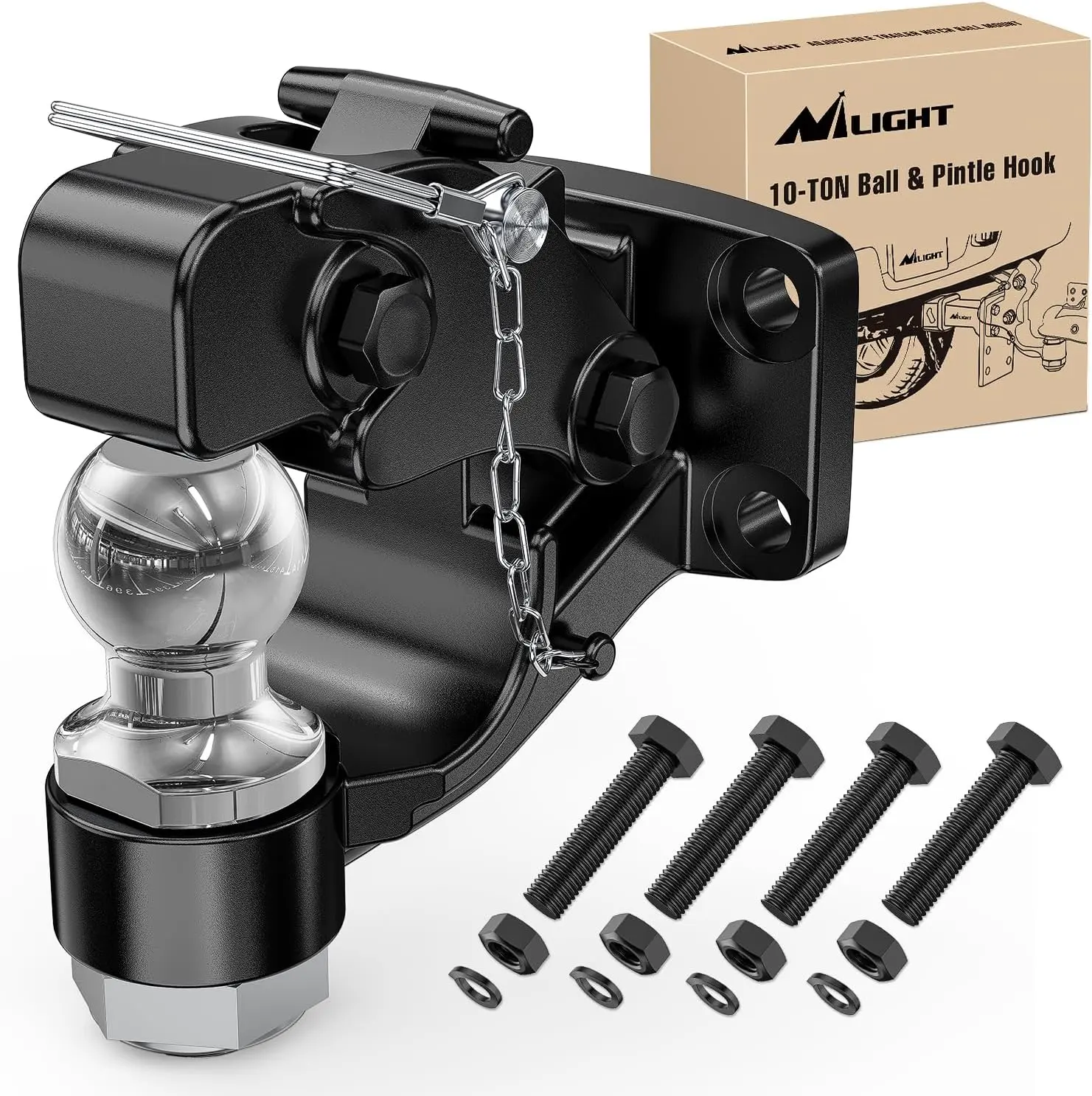 Nilight Pintle Hook & Trailer Receiver Combination, 2” Trailer Hitch Ball, 12000LBS Capacity, Safety Chain, 3.12 Inches Mounting Hole, Adjustable Arm, 1.78 Inches Portrait Direction, Powder Coated, Bolt-On Mounting Kit, Automotive Accessory, Hauling Atvs,