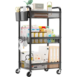 3 Tier Rolling Cart – Metal Utility Storage Carts with Wheels, Craft Cart Organizer with Hanging Cups, Hooks, Mesh Basket for Bedside Kitchen Office Art, Black/Pink