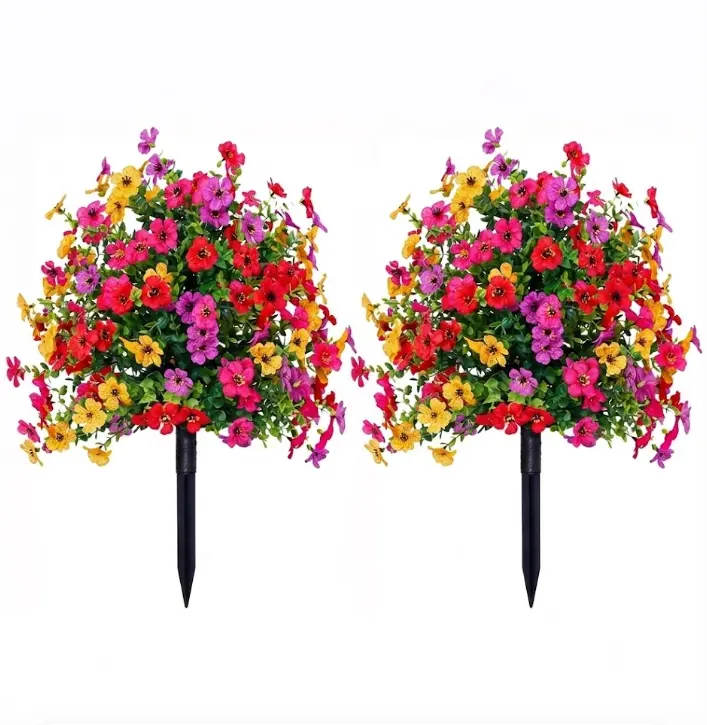 Multicolor Artificial Petunia Bushes with Spike Stakes, NoFade Plastic Fake Floral Arrangement, Outdoor AestheticPlanter Filler for Walkway Grave Backyard Decor, LowMaintenance Garden Ornament