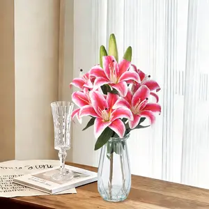 Real Touch Silk Lilies, Faux Water –Artificial Tiger Flora Flowers Arrangement with Glass Vase –  Elegant Long Stem Centerpiece for Home, Office, Wedding Table Decoration – Rose & White