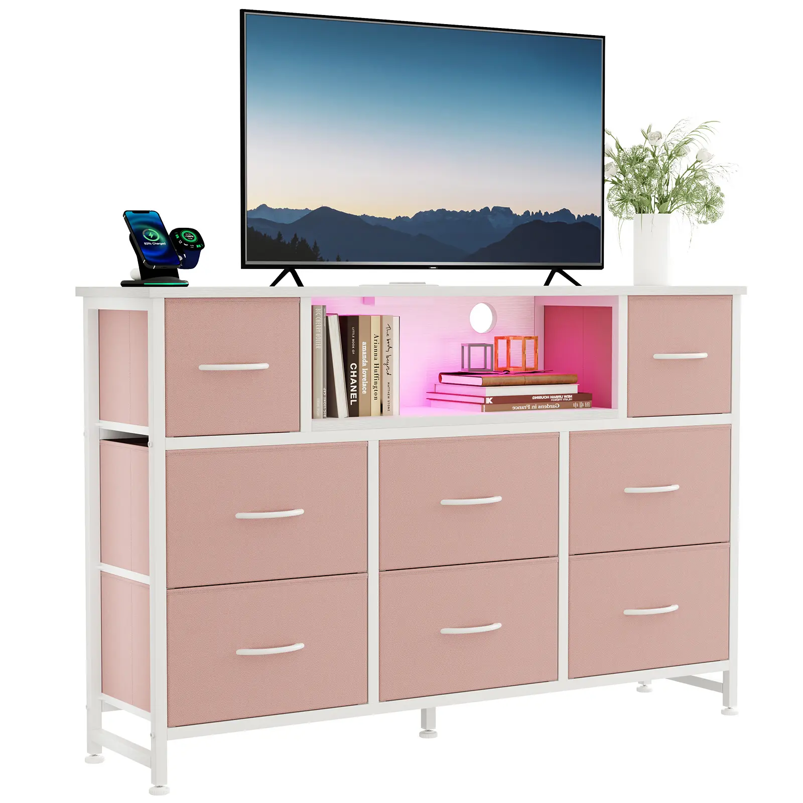 TV Stand with 8 Fabric Drawers & Power Outlet, LED TV Console with USB & Type-C, Storage Dresser for Living Room