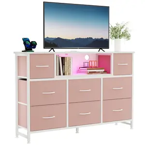 TV Stand with 8 Fabric Drawers & Power Outlet, LED TV Console with USB & Type-C, Storage Dresser for Living Room