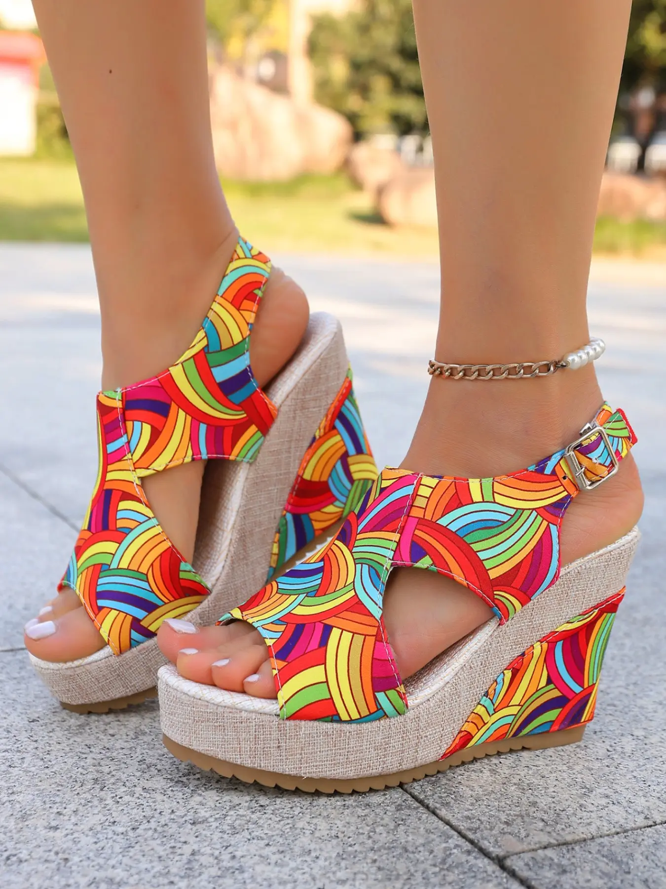 Women's Rainbow Print High Heel Wedge Sandals, Casual Vacation Shoes, Heightening Effect, Comfortable Sole, Multi-Color Design, Beach Summer Footwear