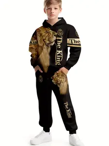 Lion King Themed Kids Graphic Print Set Outfit, and Hoodie with Jogger Pants, Stylish Casual Fall & Winter Wear for Boys and Girls, Youth Kits, Hoodies, Sweatpants