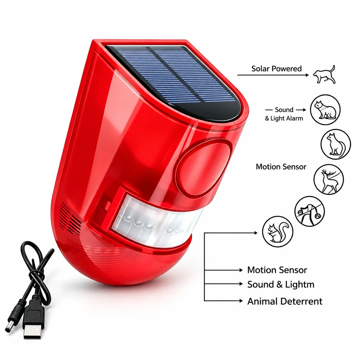 Solar Powered Motion Sensor Security Warning Light Alarm Device - IP55 Rated, Wall Mounted, Waterproof, Motion-Activated Sound & Light Alert for Farms, Yards Outdoor Property Protection