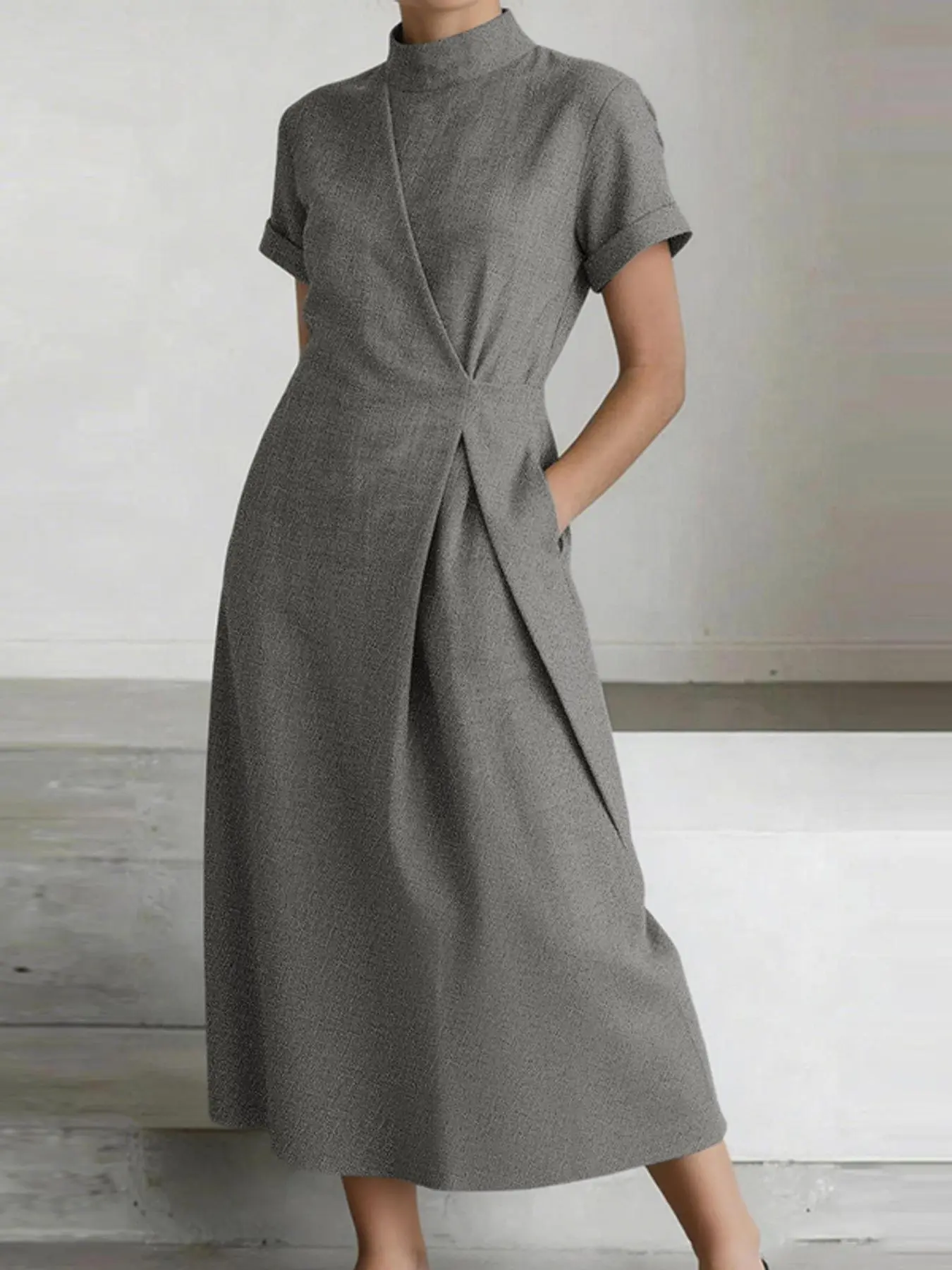 ZANZEA Women's High Neck Short Sleeve Solid Pleated Waist Summer Dress with Pockets, Back Button Pockets, European Minimalist Style Casual Daily Wear, Comfortable and Stylish, Buttoned Dress
