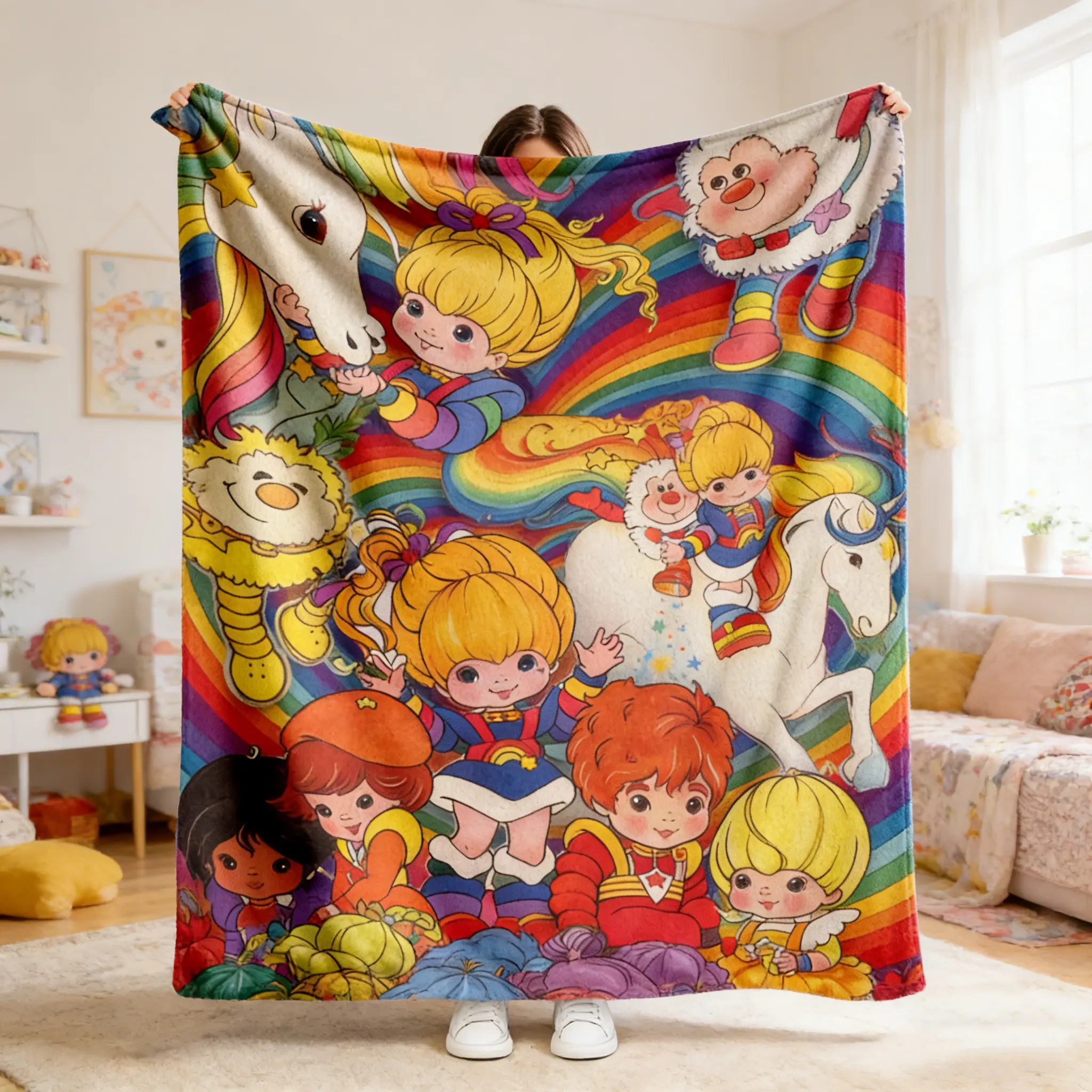 Rainbow Brite Starlite Flannel Blanket 80s Nostalgia Retro Cartoon Magical Horse Soft Warm Throw For Gamer Room Decor Dorm Essential Bed Sofa Home Gift