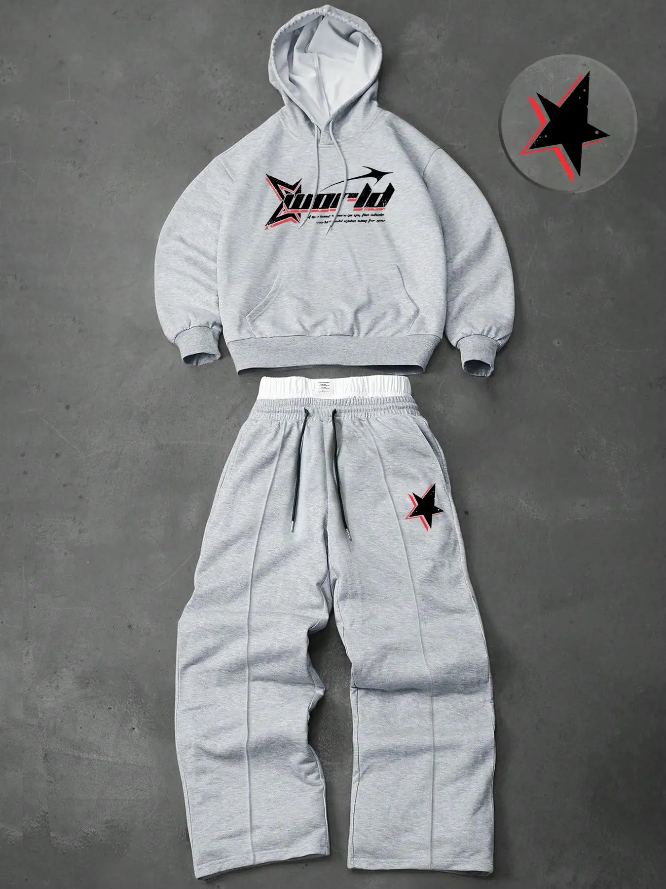 Men's two-piece tracksuit: a hooded sweatshirt and drawstring trousers, decorated with letters, numbers and stars, perfect for fall and winter wear, Sweatsuit Set Outfit, Streetwear Tracksuit Set, Casual Tracksuits, Casual Sporty Design