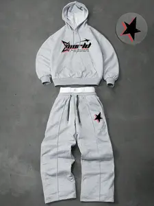 Men's two-piece tracksuit: a hooded sweatshirt and drawstring trousers, decorated with letters, numbers and stars, perfect for fall and winter wear, Streetwear Tracksuit Set