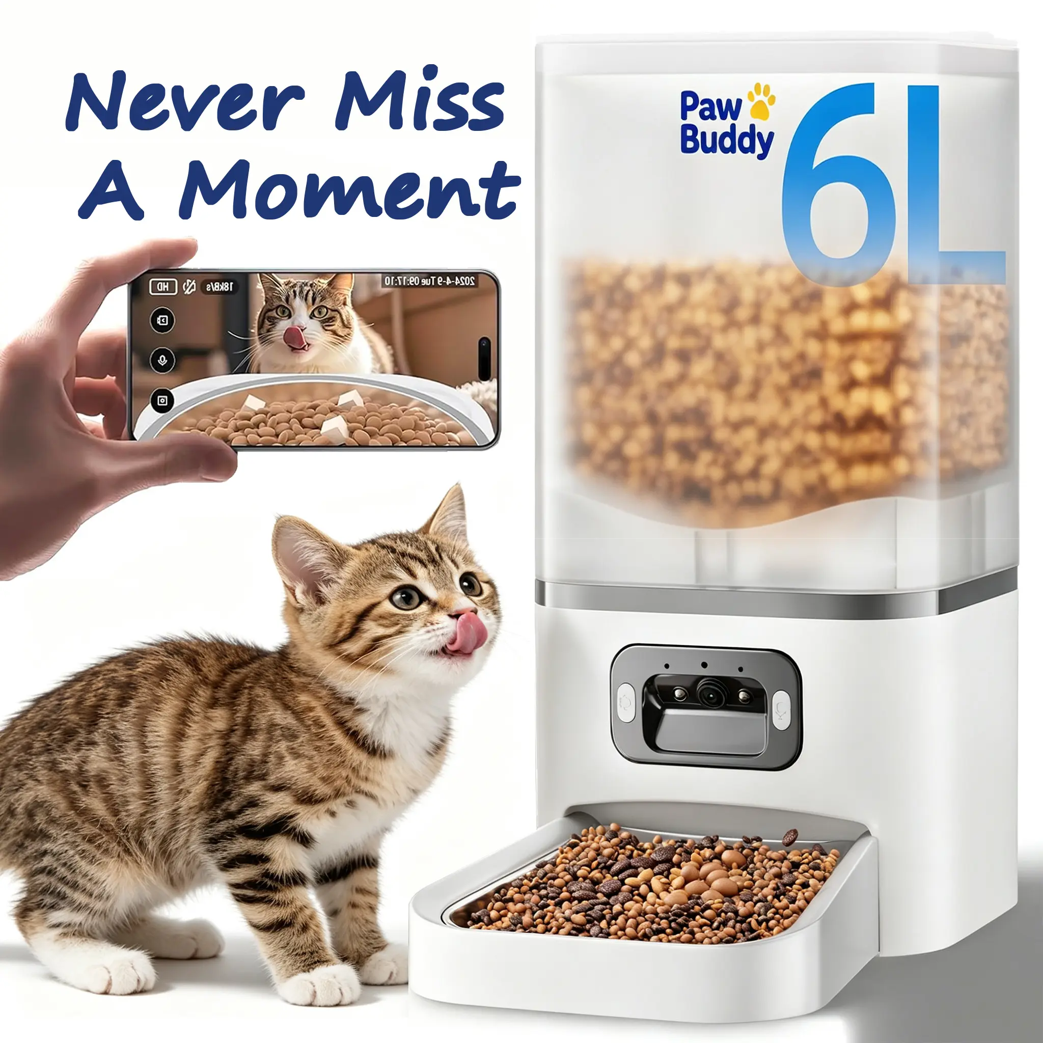 6L Automatic Cat Feeder, Timed Dry Food Dispenser with Clog-Free Design, Programmable 1-6 Meals/Day, Dual Power Supply with Backup Power, Desiccant Bags, Stainless Steel Bowl for Consistent Feeding (Ideal for Frequent Travelers), 6 Liters