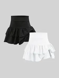 Girls' Spring Summer Layered Cake Skirt Set, Fashionable Simple Elegant Casual Wear, Suitable for Daily Home Outdoor Play, Skirts Sets