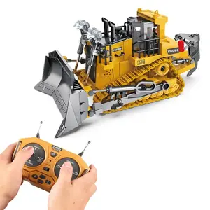 Remote Control Bulldozer Toy, Alloy Tracks, 2.4g Remote, 9 Channels, Pushes Up to 3kg, Lights & Sounds, for Kids Aged 6+, Outdoor/indoor Play, Rc Construction Vehicles