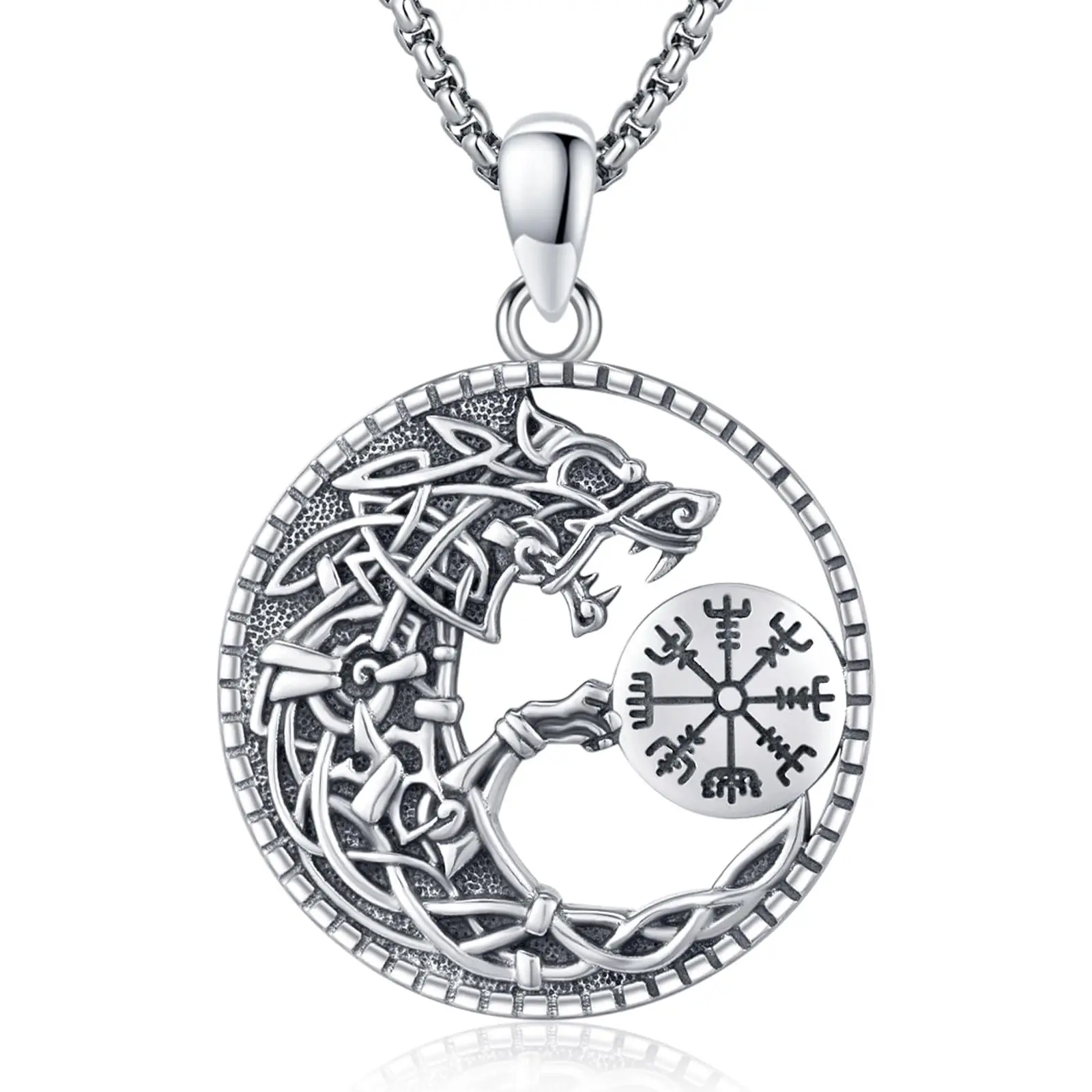 DRINSPER 925 Sterling Silver Retro Norse Mythology Viking Wolf Fenrir Pendant Necklace with Chain, Lead-Free Nickel-Free Durable Jewelry for Viking Enthusiasts, Long-Term Wear, Adults, Daily, Unisex, Silver Necklaces & Pendants, Wolf Motif