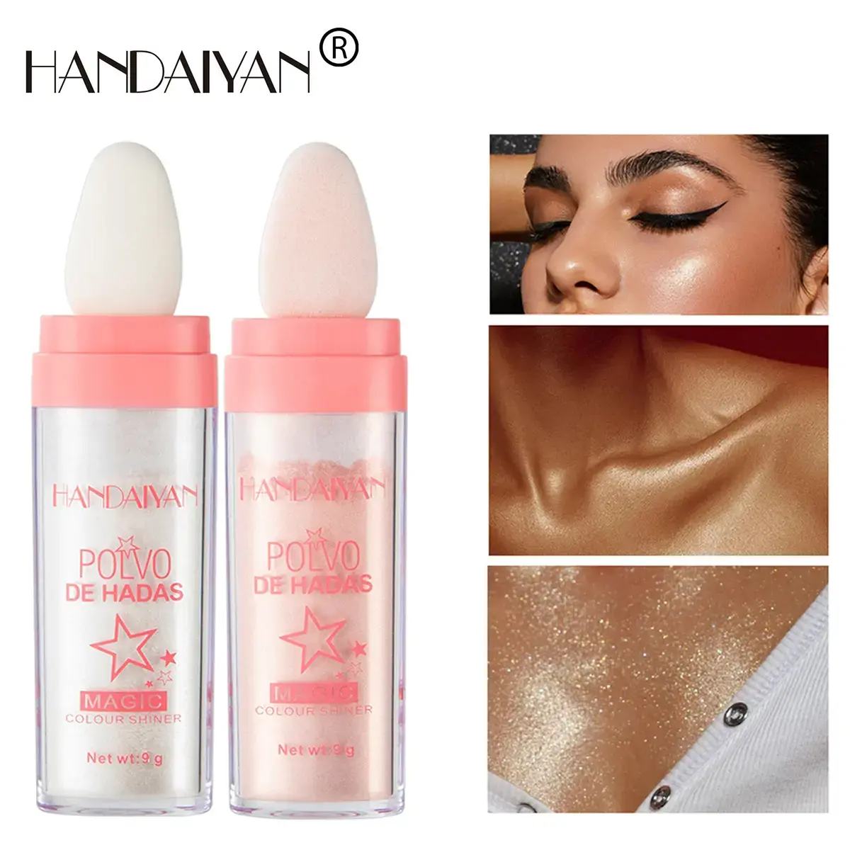 HANDAIYAN Glow Bundle: Fairy Highlight Pat + Rainbow Highlighter + Body Glitter Spray, Full Body Shimmer Highlighter Set for Face Body Hair