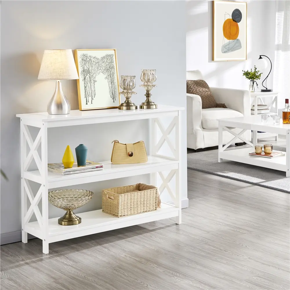Yaheetech Rectangle Console Table - 3 Storage Shelves, X-Side Braces, 82 lb Capacity, Espresso Space-Saving Indoor Study Desk for Entrance Foyer & Living Room