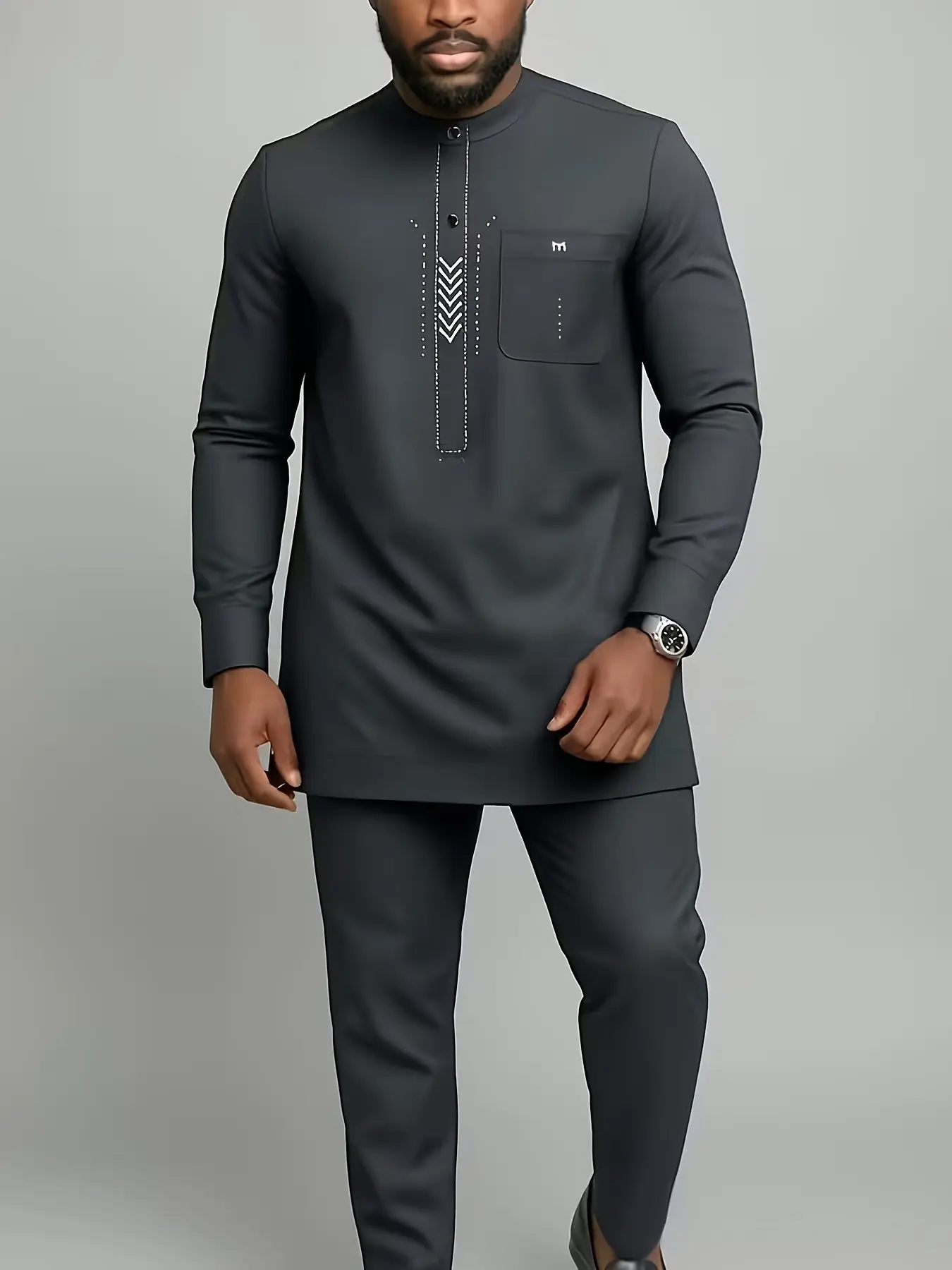 Men's African Kaftan Set, Long Sleeve Round Neck Blouse & Pants, Elegant Muslim Wedding Party, 2 Piece Suit for Men