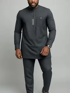 Men's African Kaftan Set, Long Sleeve Round Neck Blouse & Pants, Elegant Muslim Wedding Party, 2 Piece Suit for Men