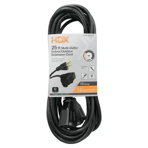 25 ft. 16/3 Light Duty Indoor/Outdoor Extension Cord with Multiple Outlet Triple Tap End, Black