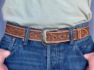 Western Full Grain Genuine Leather Belt Tooled Embossed Men's Cowboy Belt Buckle Handmade Belt Strap 1.5" Rodeo Snap-On Belt With Buckle