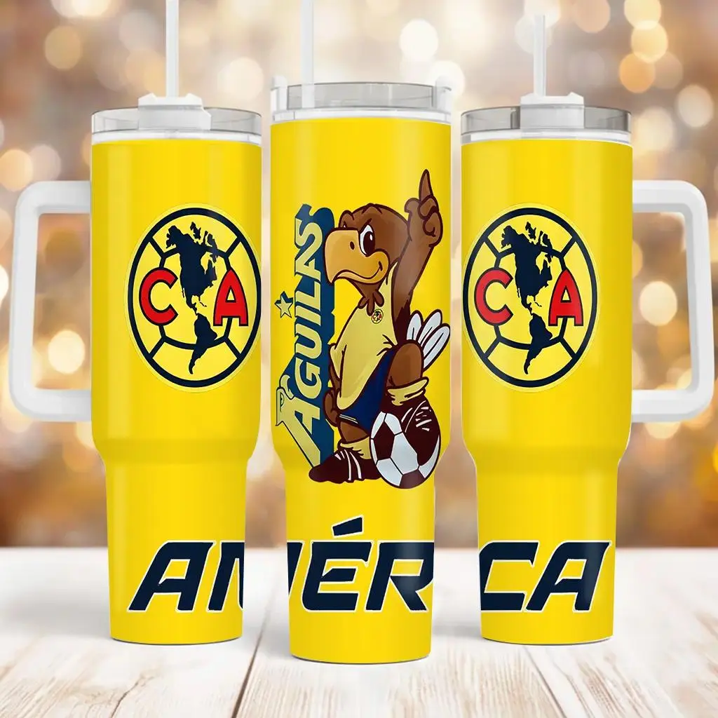 Sturdy Club America Las Aguilas Engraved Printed Stainless Steel Tumbler-Mug, Liga MX Official Colors, 20oz/40oz Tea Bottle with Plastic Lid & Straw, Portable Home Supplies Fan Gift