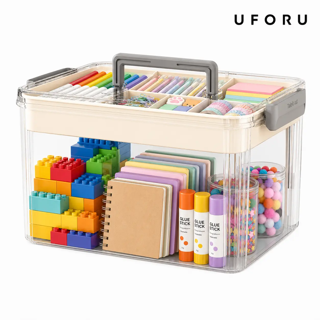 UFORU Compartmented 2-Tier Storage Organizer with Handle for Carry - Home Supplies Zoned Storage Organization, Large Capacity Portable Craft Box for Pens, Markers, Art Supplies, Kids’ Small Building Blocks & Toy Parts, Transparent Multipurpose Organizer