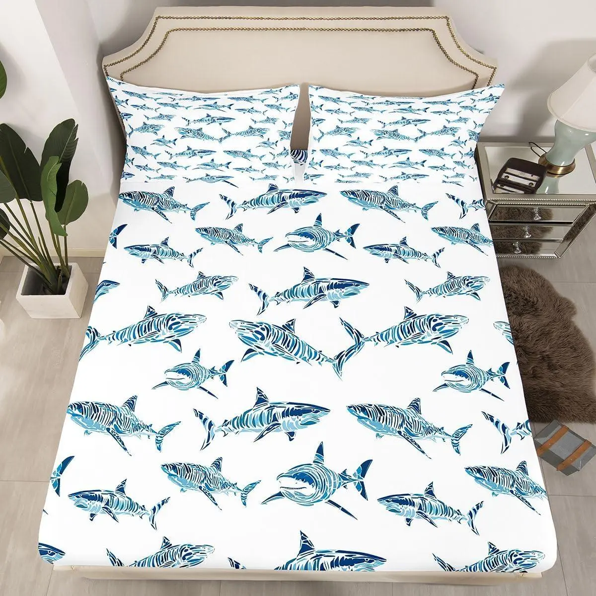 Shark Bed Sheets Ocean Life Fitted Sheet for Child Boys Blue Watercolor Hand Drawn Cartoon Sharks Bed Set,Underwater Sea Wild Animals Fish Room Decor Marine Life Bedding Set