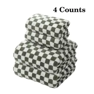 Checkerboard Pattern Bath Towel Set, 4 Counts/set Soft Absorbent Bath Towel, Breathable Towel for Home Bathroom, Travel and Other Occasions, Super Absorbent Towel