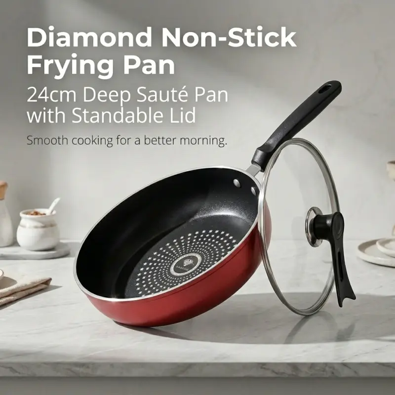 24cm Diamond-pattern Non-stick Frying Pan with Upright Lid, deepened body, scratch-resistant, versatile pan for daily home cooking, Saute Pan, Nonstick Pan, Non Stick Friendly