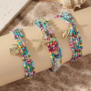 3pcs Bohemian Multi-layer Resin Rice Bead Bracelets Set | Chic Sea Shell Starfish Pendant Bangle, Vibrant Colorful Rice Bead, Daily Commuting and Beach Party Additions, Layered Style