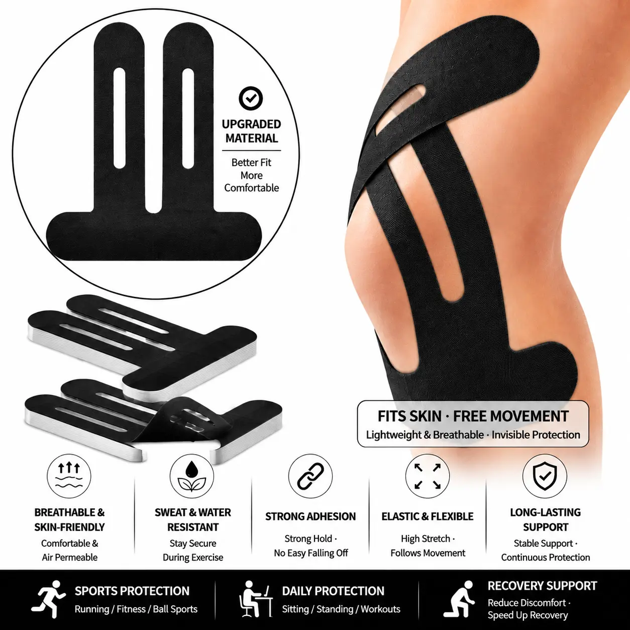 (Leg Protection) 10 pcs Precut Kinesiology Tape Strips (for Knees) – Pain Relief, Elastic & Waterproof Sports Knee Tape, Provides Support and Stability (Black)