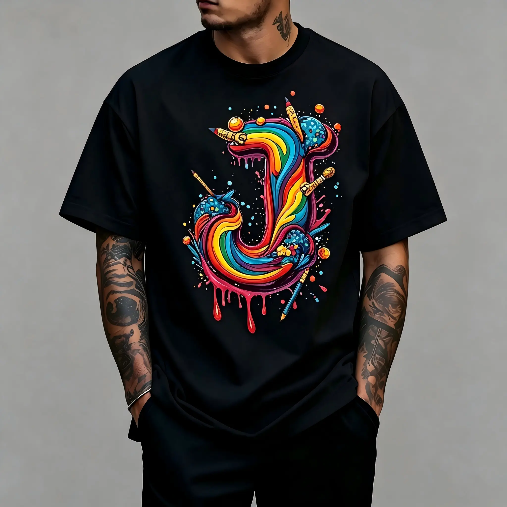 Colorful Rainbow Letter J Graffiti Paint-Drip Pencil Brush Unisex T-Shirt for Men & Women - Art-Lover Streetwear Graphic, Soft Breathable Cotton Crew Neck Short Sleeve, All-Season Summer Spring Casual, Machine Washable
