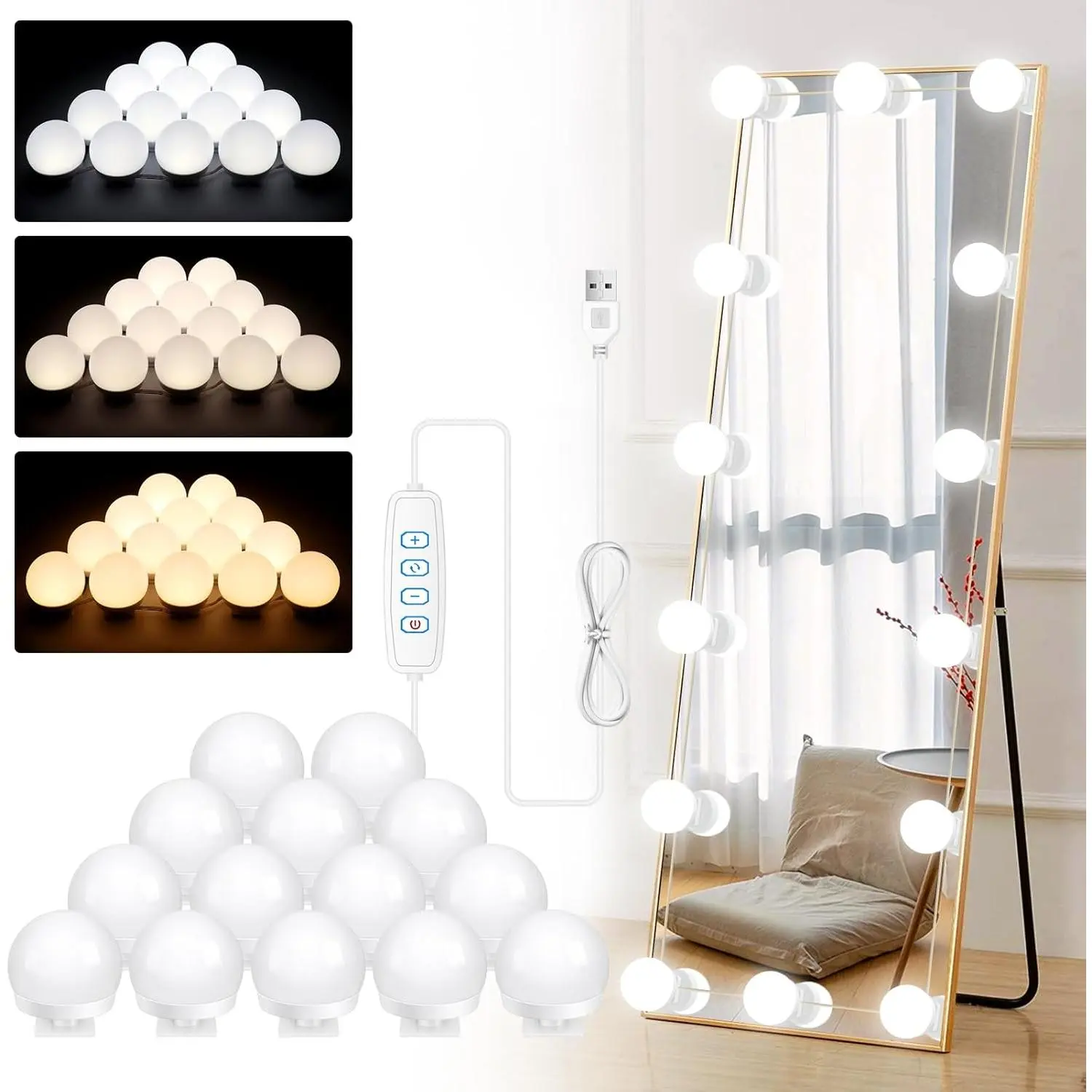 Hollywood Vanity Mirror Lights 14 LED Bulbs 3 Color Dimmable Mirror Light, Vanity Lights 3000K Warm 4000K Nature 6500K Daylight White Portable Makeup Mirror Light for Bathroom Dressing Room