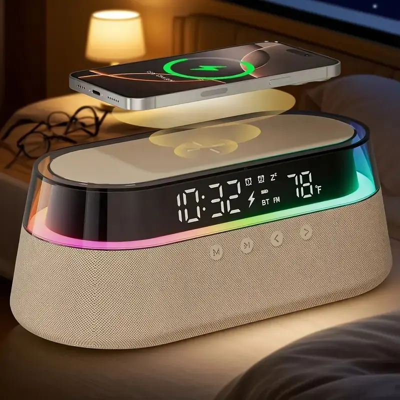 6-in-1 Multifunctional Smart Alarm Clock with 15W Wireless Charging, Speaker, FM Radio & RGB Night Light