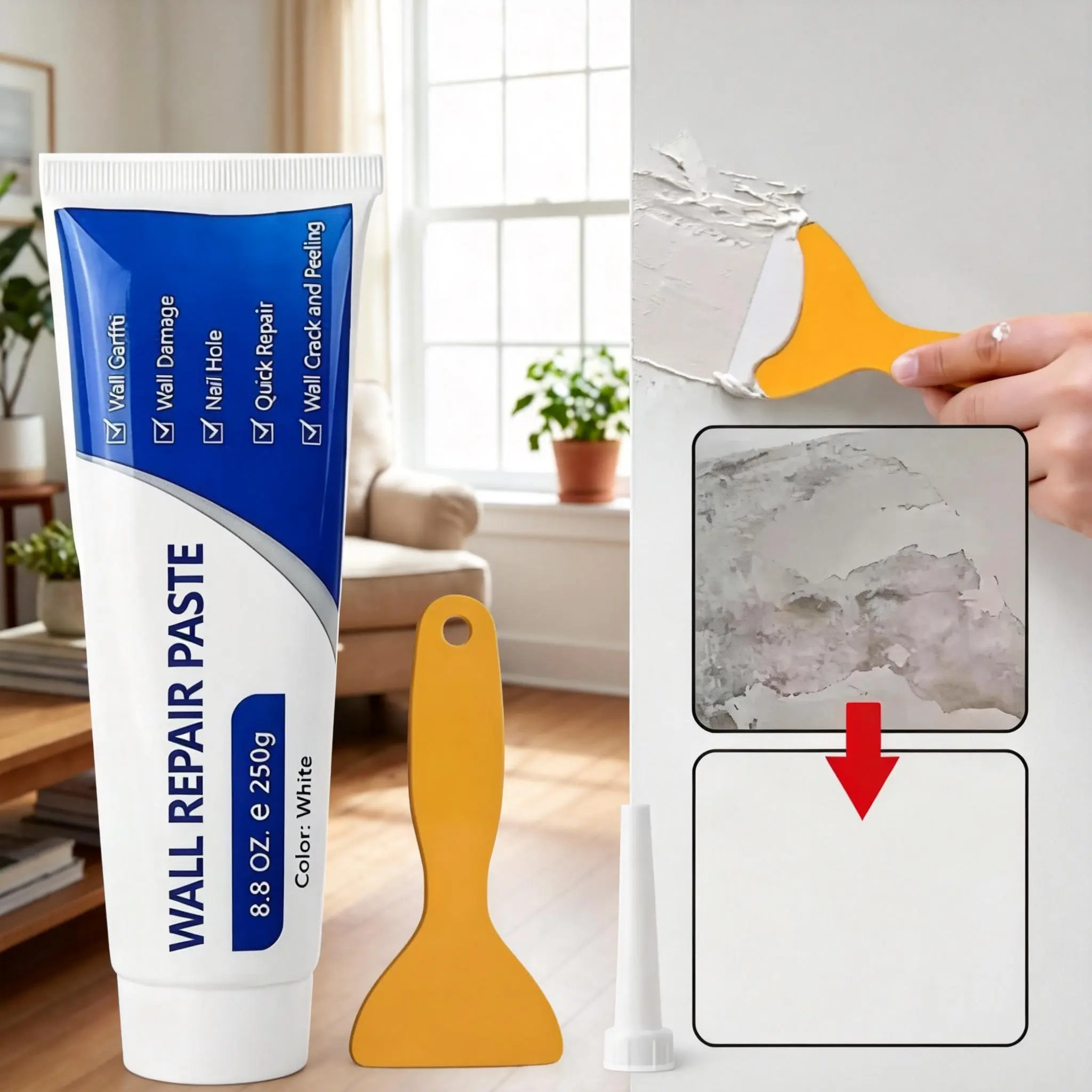 Drywall Patch Repair Kit, 250g Quick-Drying Heavy-Duty Waterproofing Adhesive Caulk Wall Mending Agent with Self-Adhesive, Home Renovation Building Supply Tool