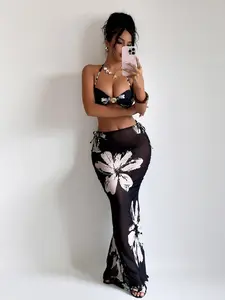 Women's Underwired 3-Piece Floral Bikini Set with Sheer Maxi Skirt Nylon Swimwear for Summer Beach Use in Black with White Flowers