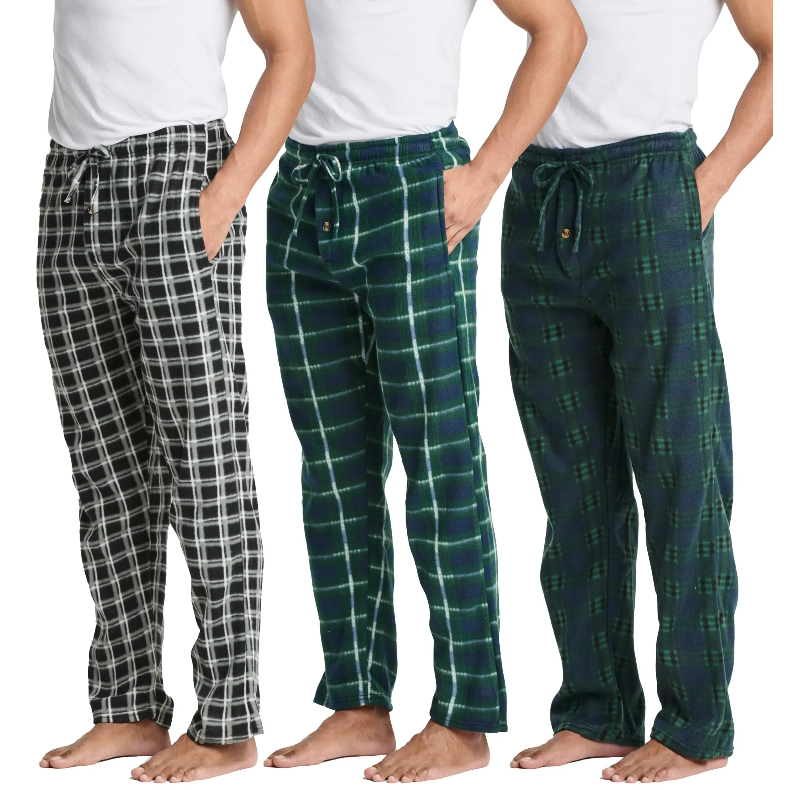 Real Essentials Menswear 3-Pack Soft Elastic Fleece Plaid Pajama Pants - Mens Nightwear & Loungewear Bottoms (Available in Big & Tall)
