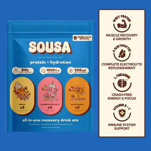 Sousa Protein + Hydration Drink Mix, 6 Count Variety Starter Pack, Try All 3 Flavors (Vanilla, Strawberry Milkshake, Salted Caramel), 20g Whey Protein + 1500mg Electrolytes, 6 Packets, Fitness & Recovery Support, Muscle Recovery & Hydration Formula