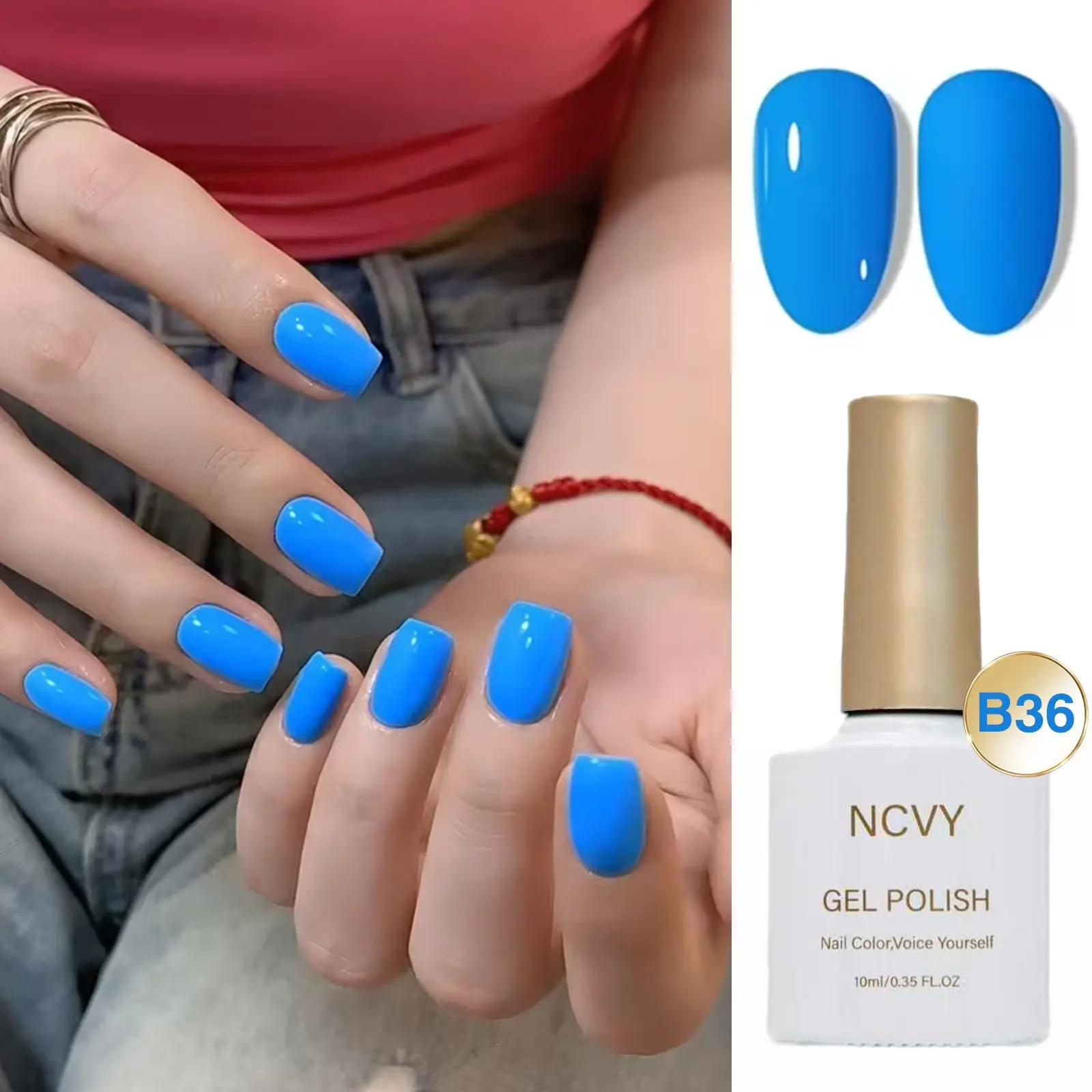 NCVY Bright Blue Gel Nail Polish, Nail Care, 10ml/0.35oz. Long-lasting, removable UV/LED gel polish with vibrant color. Easy for beginners to use, perfect for DIY nail art at home. Ideal gift for spring and summer. Salon-quality, HEMA-Free and Manicure