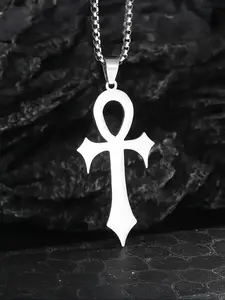 Ancient Egyptian Key Cross Pendant Necklace, Stainless Steel Vintage Pharaoh Guardian Amulet, Unisex Jewelry for Men & Women, Chain Link Necklace