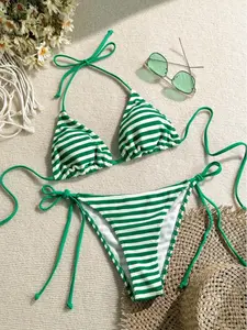 Women's New Stripe Colorblock Halter Bikini Set, Sexy Triangle Cup Two-Piece Swimsuit, Triangle Bikini Top, Beach Bathing Suit, Perfect for Beach Pool Vacation