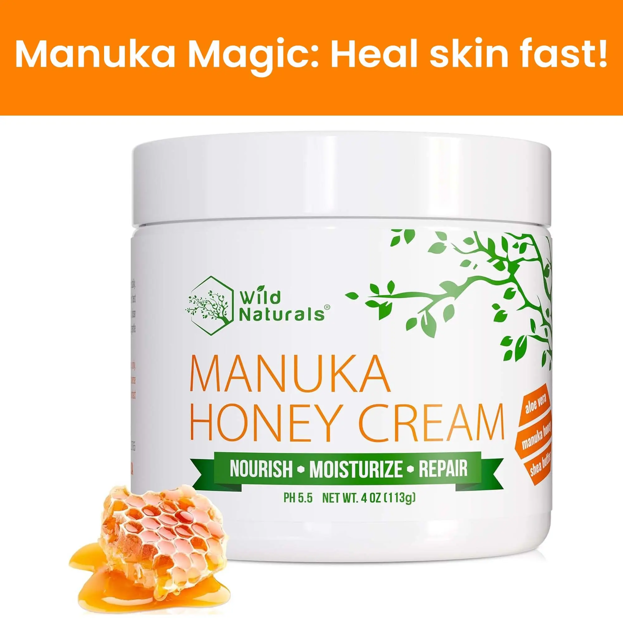 Wild Naturals Manuka Eczema Honey Cream for Soothing & Moisturizing Skin Hydrating Aloe Vera Skincare for Psoriasis Rosacea & Sensitive Skin Non-Greasy Fragrance-Free Daily Moisturizer 4oz Cream - Healing Therapeutic Healthcare